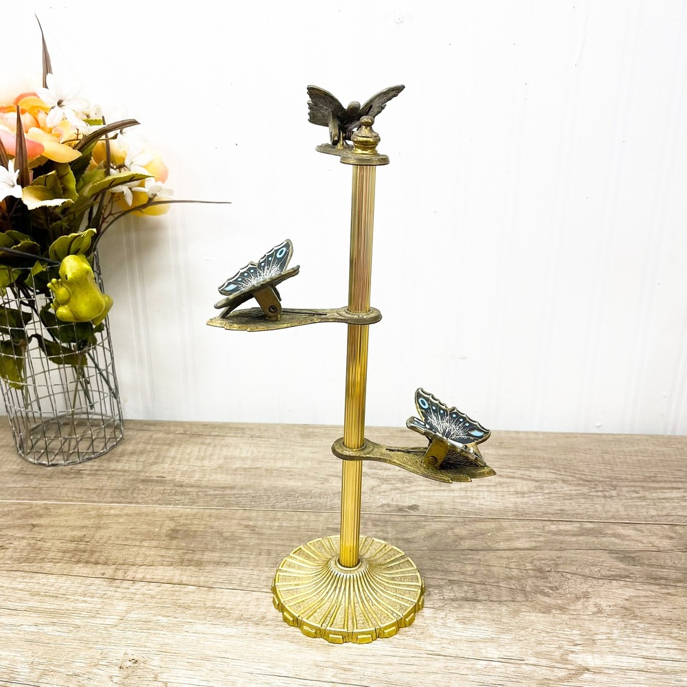 Vintage Allied Brass Butterfly Memo Holder 3 Tier Rotating Desk Note Clip Stand